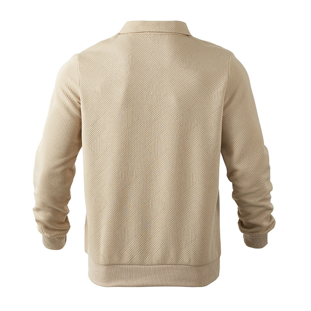 Men’s Lapel Jacquard Half-Zipper Sweatshirt – Solid Color, Long Sleeve Fashion Top