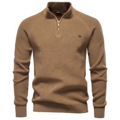 Men’s Zipper Stand Collar Knitted Sweater – Slim Fit, Solid Color, Long Sleeve Half-Turtleneck Top