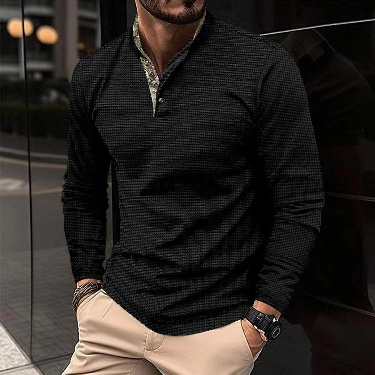 Men’s Double-Layer Lapel Polo Shirt – Waffle Texture, Long-Sleeve Fashion Top