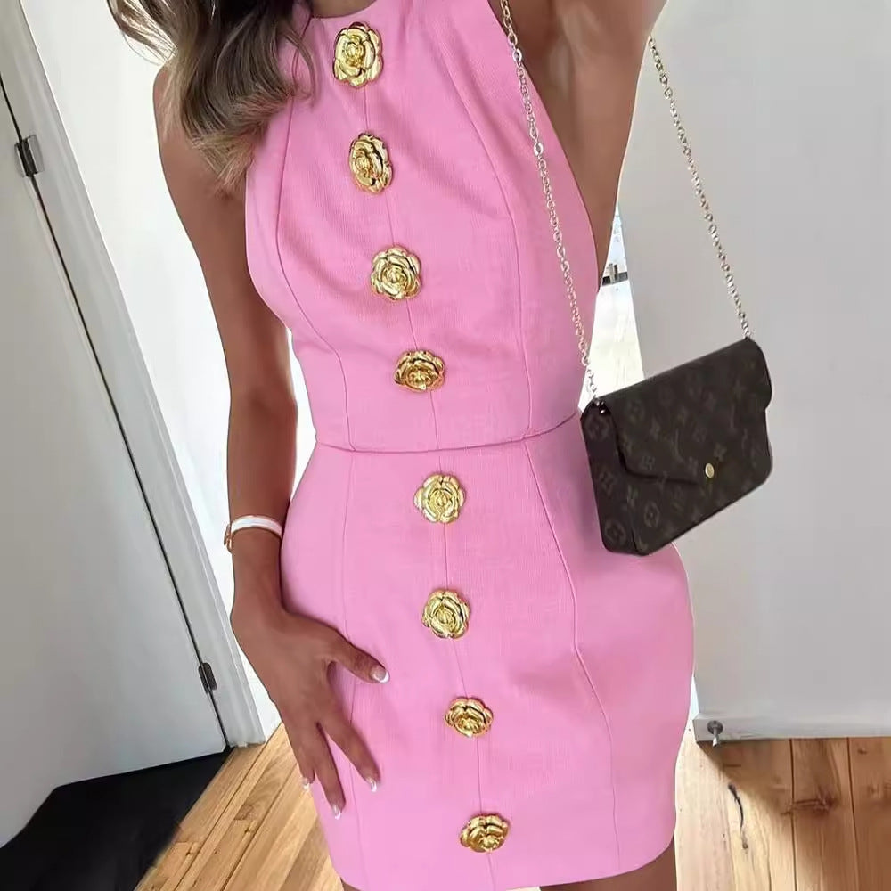 Sweet Sleeveless Backless Summer Dress – Rose Button Detail | Women’s Street Fashion