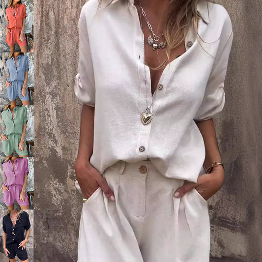 Women’s Short-Sleeve Lapel Button Shirt & Pocket Shorts Set