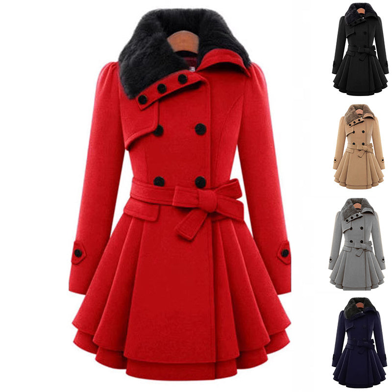 Women’s Slim Mid-Length Woolen Coat With Belt – Double-Breasted Padded Windbreaker