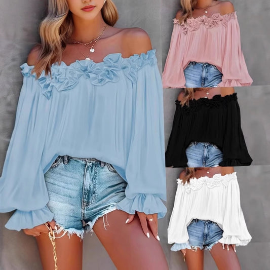 Women’s Casual Off-Shoulder Long Sleeve Blouse – Lotus Leaf Sleeve, Loose Fit Top