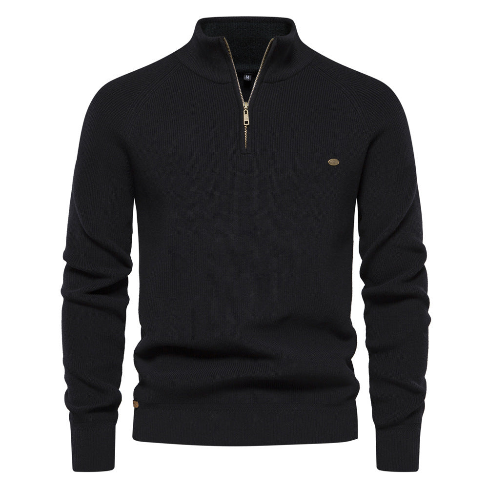 Men’s Zipper Stand Collar Knitted Sweater – Slim Fit, Solid Color, Long Sleeve Half-Turtleneck Top