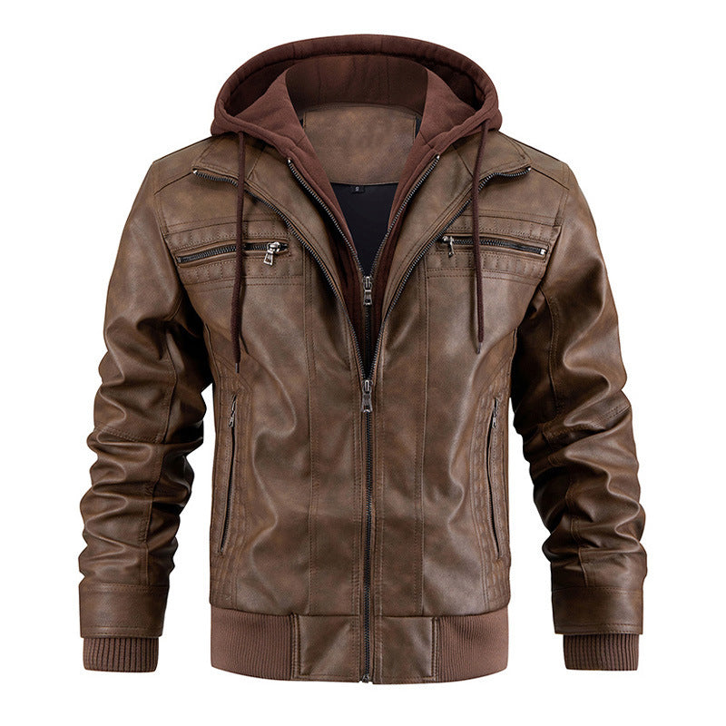 Men’s Hooded PU Leather Jacket with Zipper Pockets – Fashionable & Warm Coat