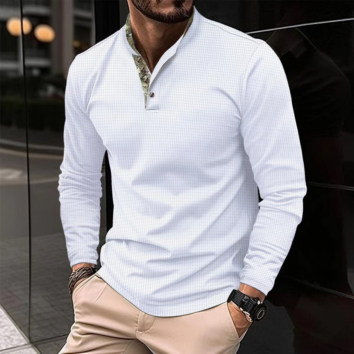 Men’s Double-Layer Lapel Polo Shirt – Waffle Texture, Long-Sleeve Fashion Top