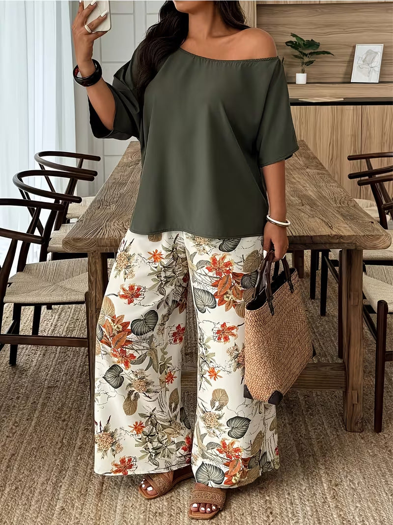 Flattering Loose-Fit Vacation Two-Piece Set with Wide-Leg Pants