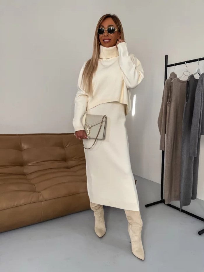 2-Piece Women’s Winter Sweater Set – Turtleneck Pullover & Sleeveless Long Dress
