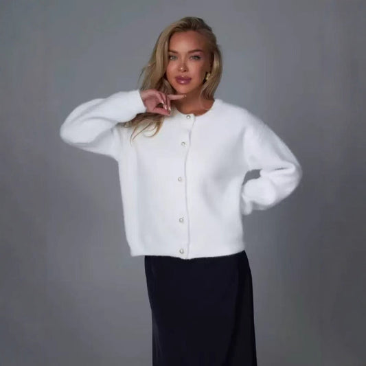 Soft Glutinous Knitted Coat – White Round Neck Long Sleeve