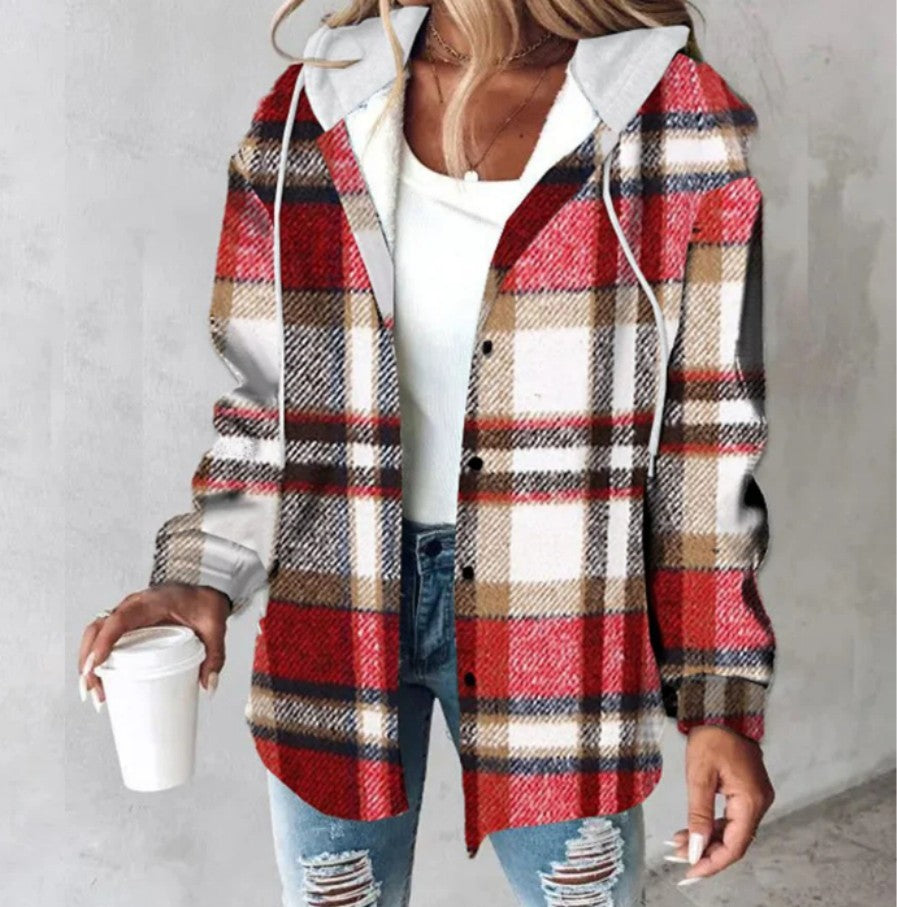 Plaid Hooded Jacket – Fashion Casual Button Pocket Coat for Autumn & Winter